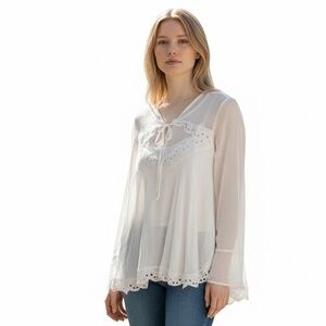 Free People Sheer Cream Lace Flowy Keyhole String Tie NWT Size L